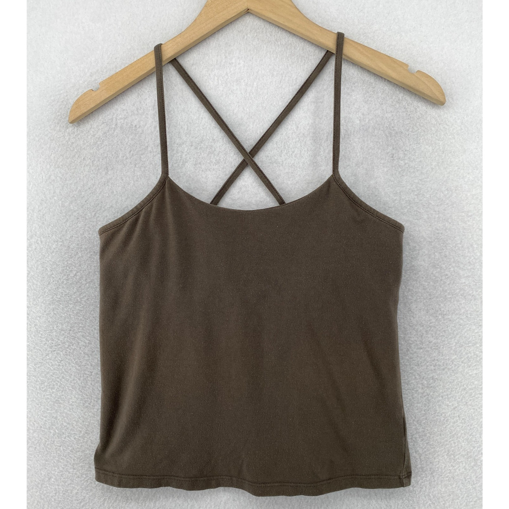 EILEEN FISHER Tank Top PP Cotton Stretch Jersey Cross Back Shelf Bra Brown USA